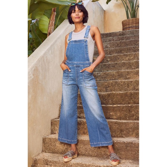 Evereve Pants - $168 NWT Evereve Ever Denim Overall Bluespark Size 32 Wide Leg Cropped Overalls‎